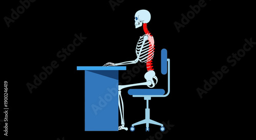 Ergonomic posture vector illustration with human skeleton sitting at desk, correct and incorrect spine alignment, isolated on black