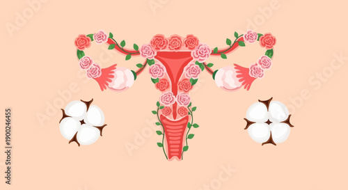 Female reproductive system vector illustration with pink roses, green leaves, and cotton flowers on a peach background, women's health concept