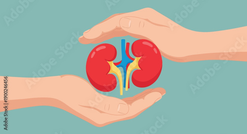 Human kidneys protected by two hands, red and blue organs with yellow vessels, medical health care vector illustration