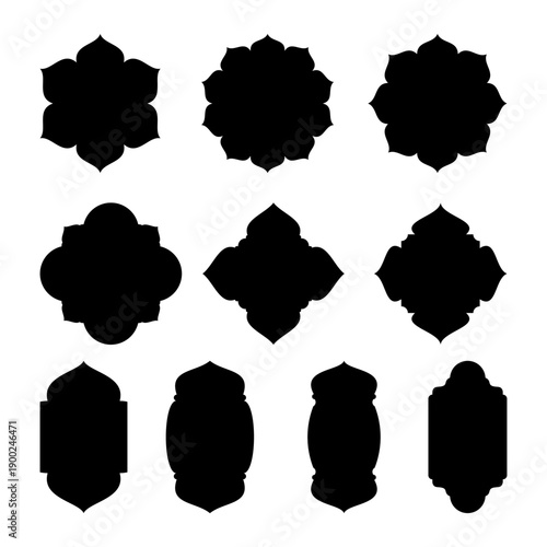 Islamic Frame Silhouettes Vector Set with Arabic Ornamental Shapes and Mosque Window Outlines for Ramadan Greeting Cards Invitation Design Isolated Black Flat Design Graphic Elements for Backgrounds
