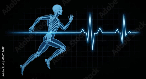 Running human skeleton X-ray vector with blue heartbeat line on black grid background, medical illustration
