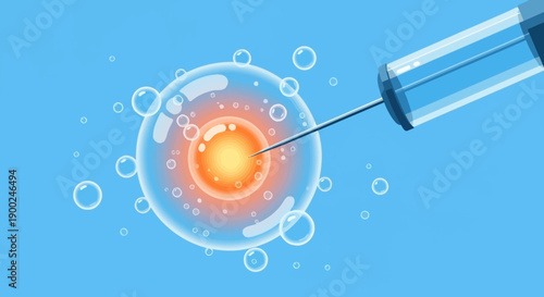 In Vitro Fertilization (IVF) vector illustration. Medical syringe injecting egg cell, blue background. Reproductive technology, artificial insemination.