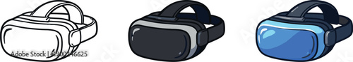 Virtual reality headset icons in outline, black, and blue styles for digital applications