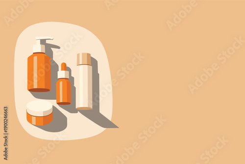 Minimalist arrangement of orange and cream skincare bottles and jars on a neutral background