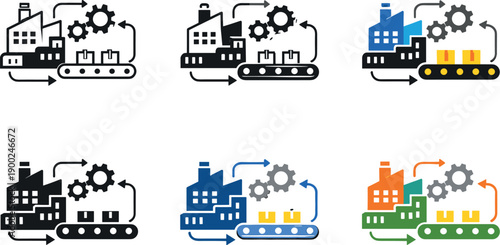 Factory production line with gears and boxes, representing manufacturing and industry processes