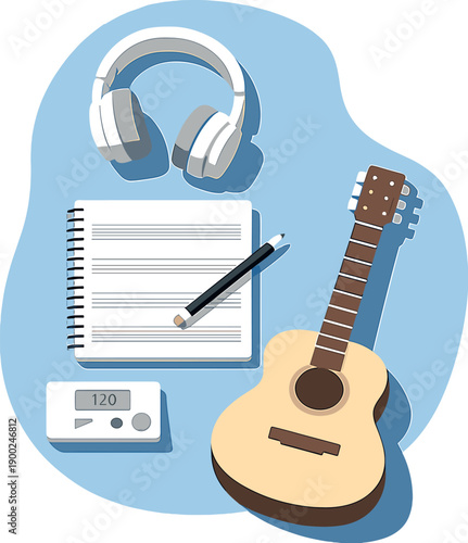 Acoustic guitar, headphones, and music sheet on a desk, ready for creative session