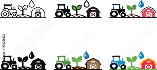 Farm icons showing tractor, plant, barn, and water drop in various styles