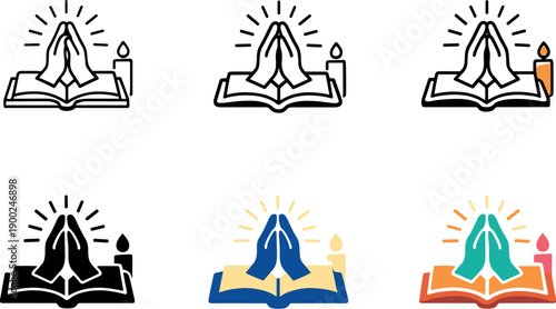 Praying hands over open book with candle and radiating light, set of icons
