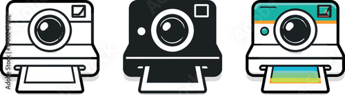 Three iconic instant cameras in outline, silhouette, and color styles for diverse design needs