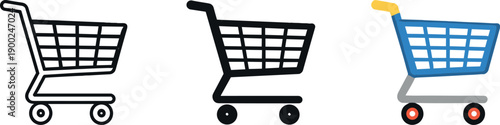 Three shopping cart icons in different styles: outline, solid black, and colorful