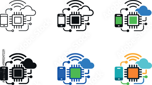 Cloud computing and mobile device integration with central processing unit icons