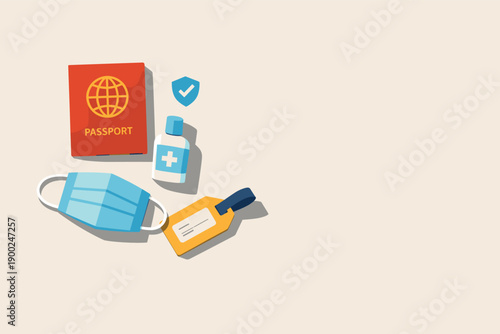 Travel essentials including passport, face mask, hand sanitizer, and luggage tag for safe journeys