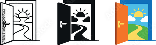 Open door revealing a bright sunny landscape with a winding road leading forward