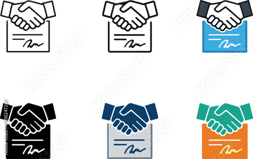 Set of handshake icons with contract document, representing agreement and partnership