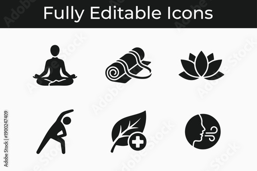 Yoga and Meditation Icon Set with Lotus Position and Wellness Symbols