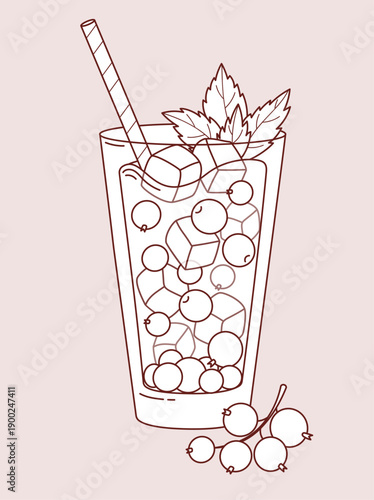 Outline Seasonal Blackcurrant Drink with Ice Cubes, Berries and Mint. Summer Refreshing Healthy Cocktail in glass and straw. Line drawing, coloring page book. Vector illustration