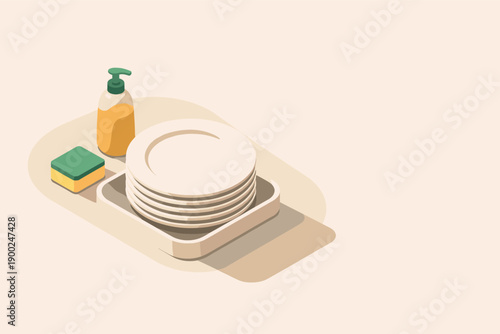 Stack of clean plates with dish soap and sponge on a tray, ready for washing dishes