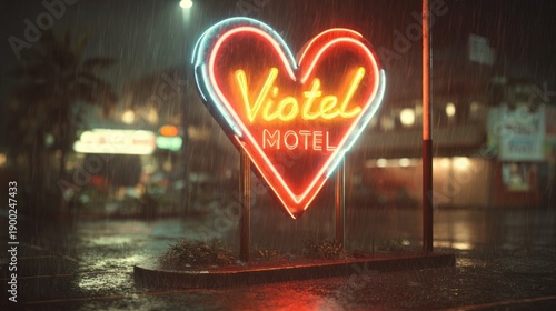 retro neon motel sign shaped like a heart glowing in the night rain, nostalgic Valentinea??s aesthetic, 8k, realistic, full ultra HD, high resolution, cinematic photography