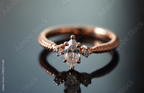 Rose gold ring features marquise cut diamond center stone with accent diamonds. Unique band has textured finish. Luxurious fine jewelry accessory perfect for proposals.
