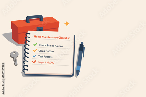 Home maintenance checklist with toolbox, key, and pen for property upkeep tasks