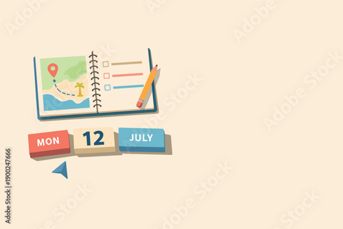 Travel planning with a notebook, calendar, and pencil for vacation itinerary