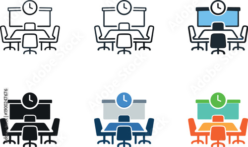 Meeting room icons with clock and presentation screen, different styles and colors