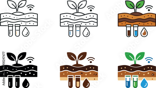 Smart agriculture technology icons showing soil analysis and plant growth monitoring