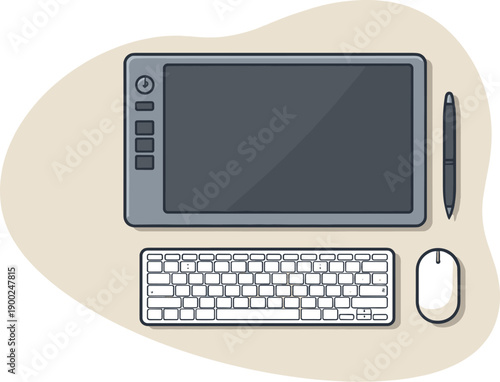 Digital art workstation setup with graphics tablet, keyboard, and mouse on a desk