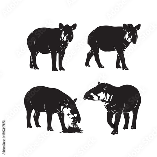 Tapir Silhouette Vector Set, Tapir Animal Black and White Illustration, Tapir Silhouette Collection