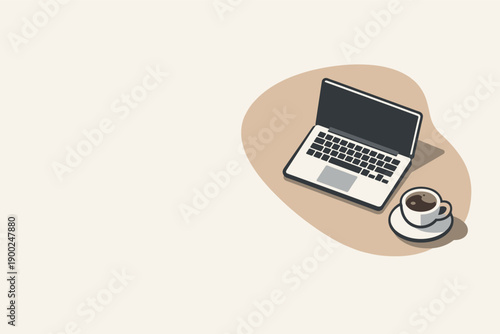 Calm work life balance concept with laptop and coffee cup slightly angled for balance shown from above, arranged in the right