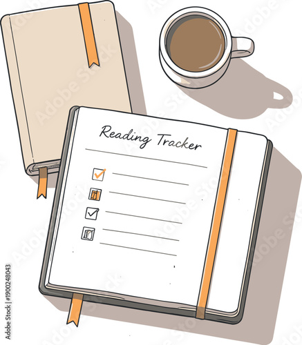 Refined contemporary reading habit tracking concept with essential notebook book bookmark and cup subtly offset and aligned seen