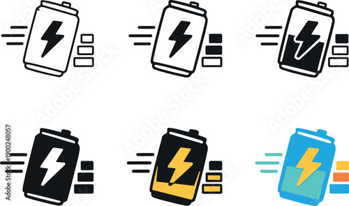Stimulant beverage icon depicting stylized cans with lightning symbols, motion lines, and energy indicators representing quick