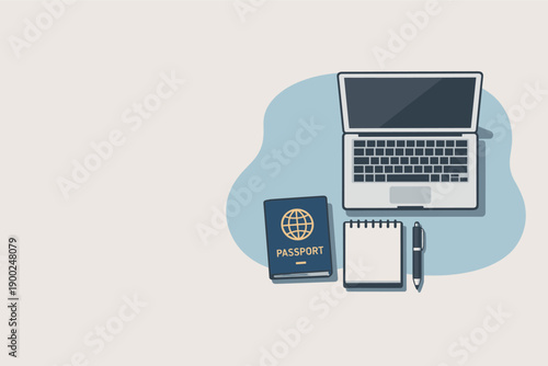 Clean business trip preparation concept viewed from above with generic laptop notebook and passport aligned clearly, placed in