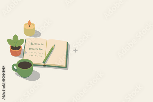 Calm Breathing Setup. Minimal calm breathing exercise concept with notebook candle plant and cup loosely arranged seen from a