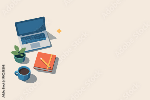 Minimal Work Balance. Minimal work life balance concept with laptop notebook coffee cup and plant loosely arranged seen from a top