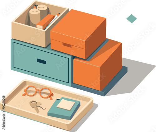Minimal home organization storage concept with stackable boxes shelf module and tray loosely arranged seen from a top-down angle,