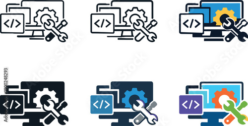 Software toolkit icon showing stylized screens, gears, code blocks, and tool symbols representing application software tools,
