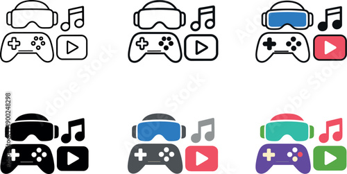 Digital games icon depicting a stylized game controller, VR headset, music note, and play button representing interactive media,