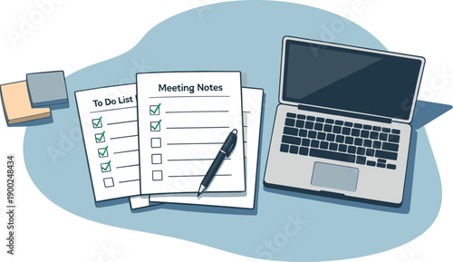 Clean meeting notes organization concept viewed from above with generic notebook checklist sheets and laptop aligned clearly,
