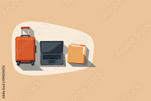 Business trip preparation concept with simple carry-on suitcase laptop and document folder arranged neatly seen from top-down