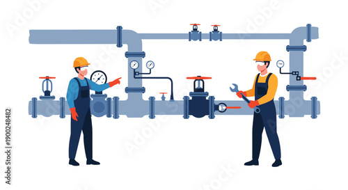 Skilled male technicians in safety gear inspecting industrial blue pipeline infrastructure with gauges and red valves
