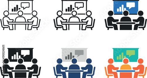 Conference room icon depicting stylized tables, chairs, presentation screens, and people silhouettes representing meetings,