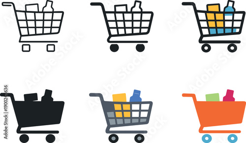 Retail purchase icon depicting a shopping cart with handle, wheels, and items inside representing shopping, e-commerce, and