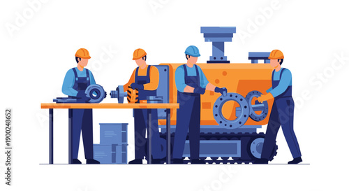 Skilled workers in safety helmets assembling heavy machinery components at a workshop workbench, depicting industrial