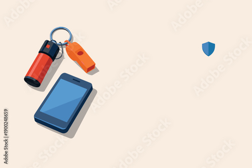 Minimal personal security essentials concept with keychain pepper spray phone and whistle loosely arranged seen from a top-down