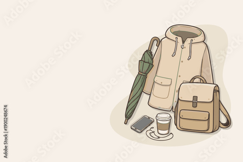 Calm rainy day commute essentials with umbrella and raincoat slightly angled for balance shown from above, arranged in the right