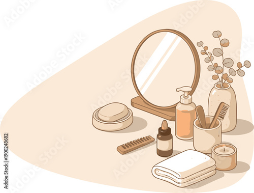 Morning Japandi Self-Care. Calm morning routine self care scene with mirror and essentials slightly angled for balance shown from