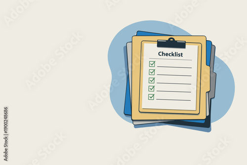 Clean legal documents organization concept viewed from above with generic folder stack checklist sheet and clip aligned clearly,