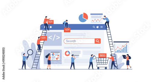 Team of developers and marketers optimizing a complex webpage interface with coding, analytics charts, and search