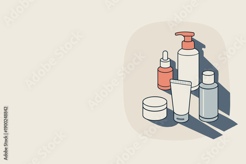 Refined contemporary skincare regimen minimal set with essential cosmetic containers subtly offset and aligned seen from above,